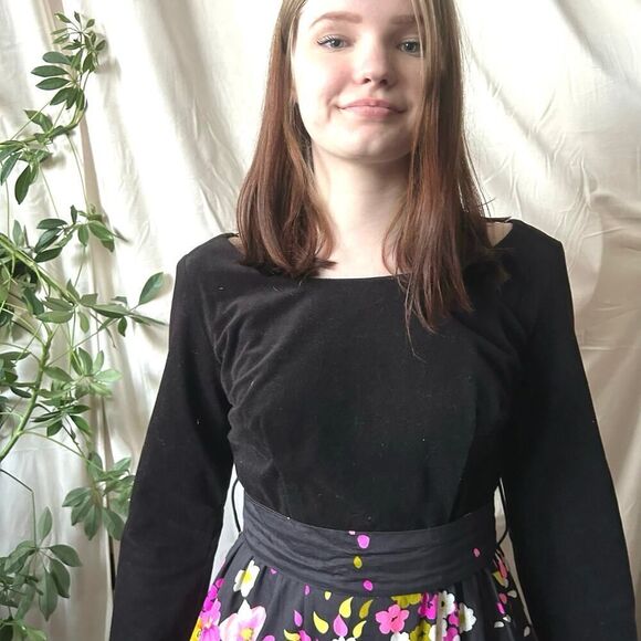 Vintage 70s Black Velvet with Pink & Orange Florals Long Sleeve Maxi Dress - Picture 3 of 11